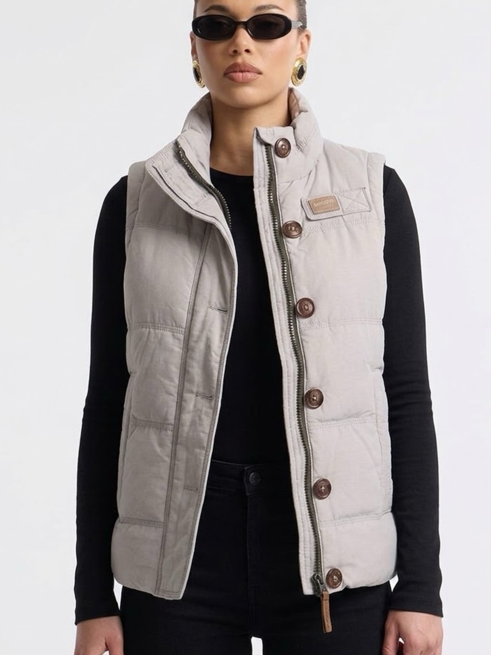Superdry Womens Padded Puffer Vest Size XS Full Zip Fleece Lined Taupe Grey
